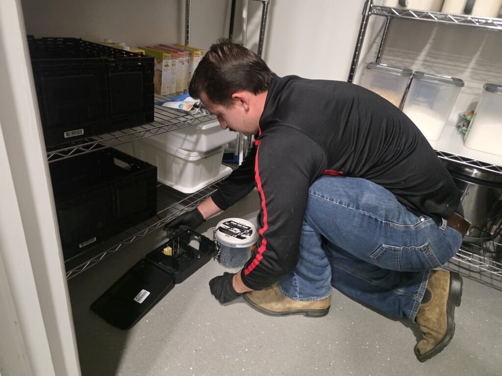East West Pest technician checking a rodent station beside storage shelving